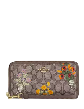Coach Long Zip Around Wallet In Signature Jacquard With Floral Embroidery