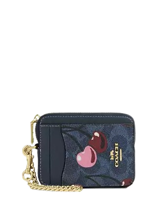 Coach Zip Card Case In Signature Canvas With Cherry Print