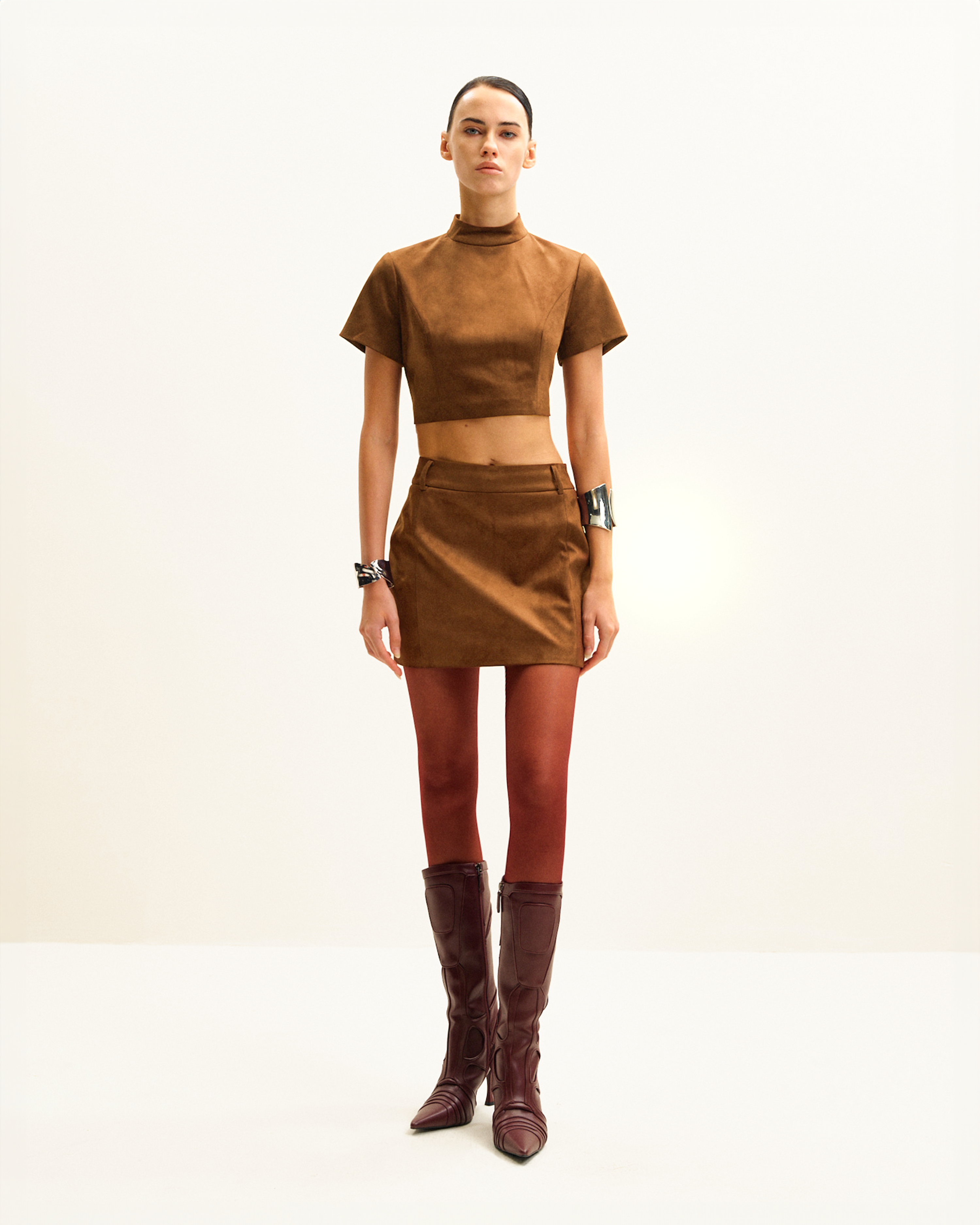 Grace Faux Suede Crop Top and Mini Skirt Set - Camel