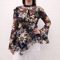 ERDEM BLACK SILK FLORAL RUFFLE BLOUSE - SIZE 6