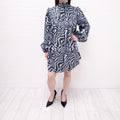 GANNI PERRIWINKLE AND BLACK PRINTED BABYDOLL DRESS - SIZE 32