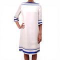 HERMÈS CREAM AND BLUE SILK PATTERNED SHORT SLEEVE DRESS - SIZE 36