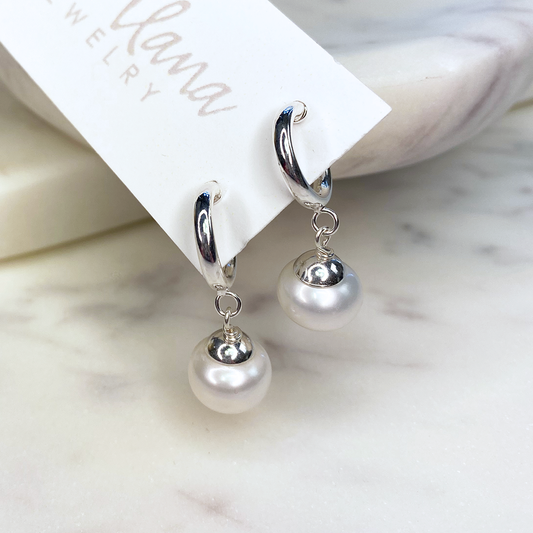 Button Pearl Earrings on SS Hoops