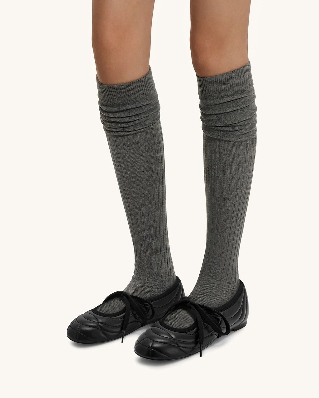Erika Topstitching lace-up ballet Flats- Black
