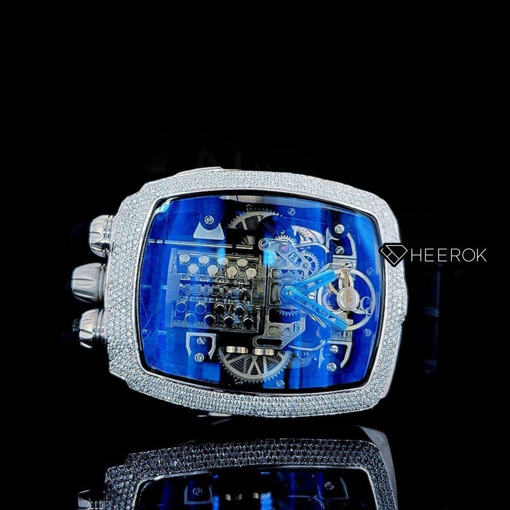 Jacob & Co Bugatti Style Blue Sapphire Crystal Skeleton Dial Diamond Bezel Semi Iced Moissanite Diamond Black Rubber Strap
