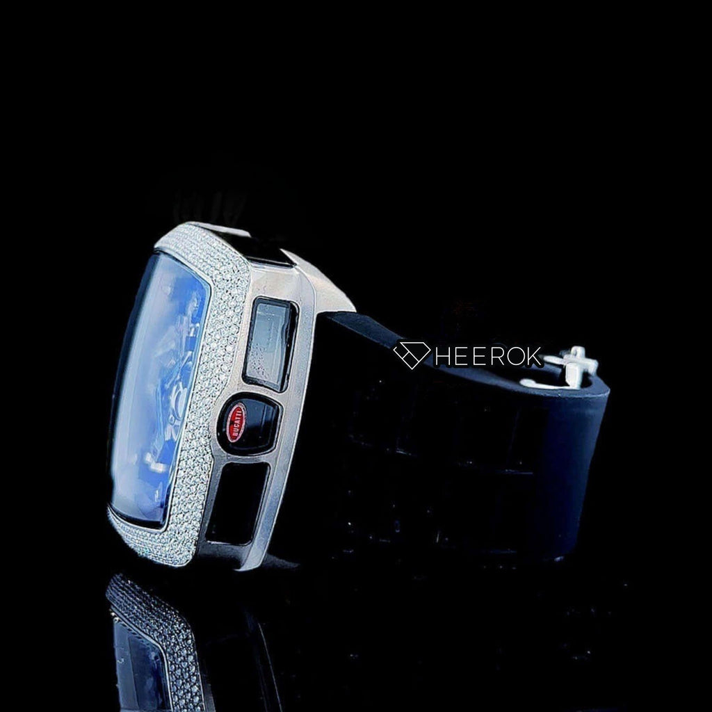 Jacob & Co Bugatti Style Blue Sapphire Crystal Skeleton Dial Diamond Bezel Semi Iced Moissanite Diamond Black Rubber Strap