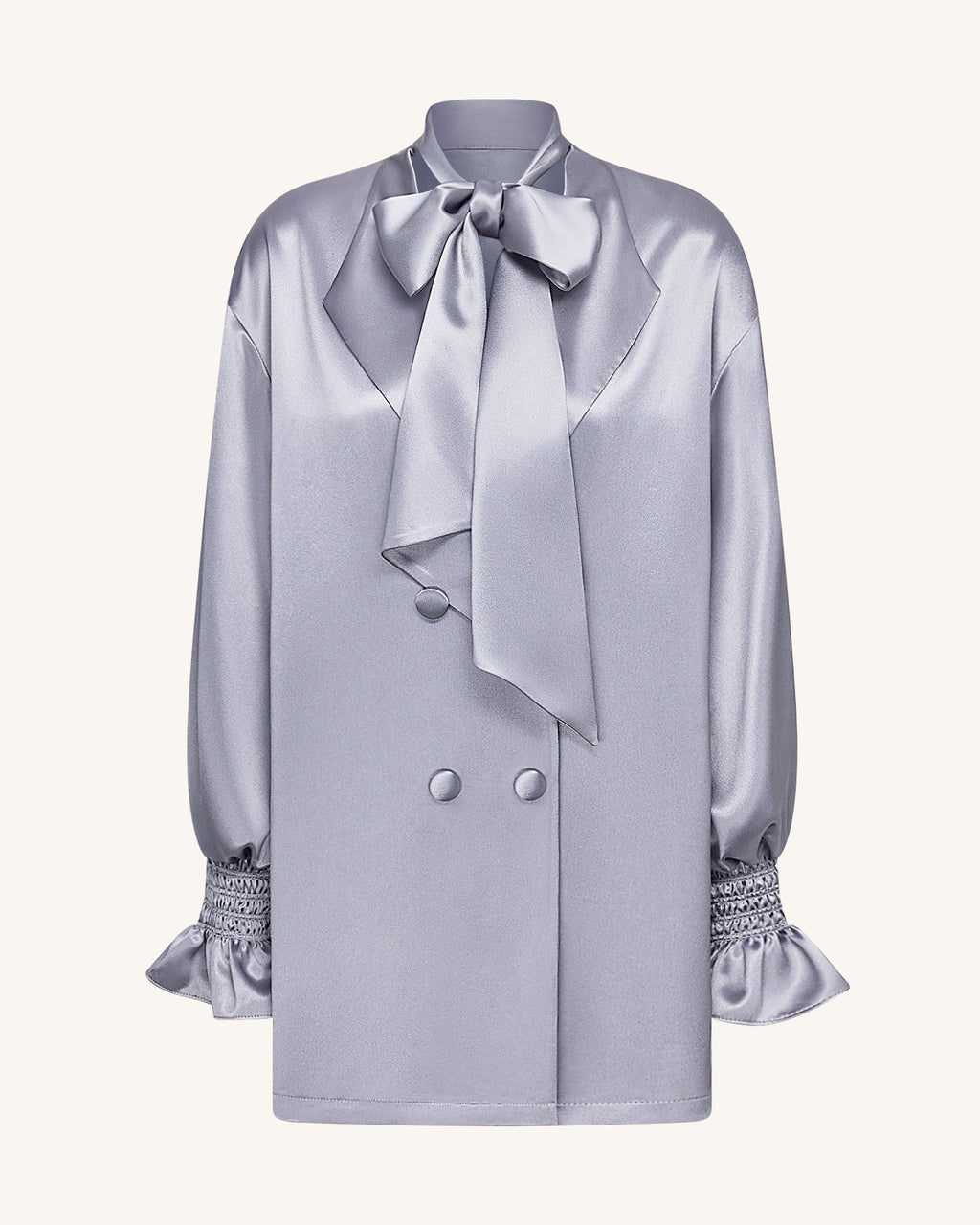 Ribbon Tie Balloon Sleeve Longline Blazer - Silver