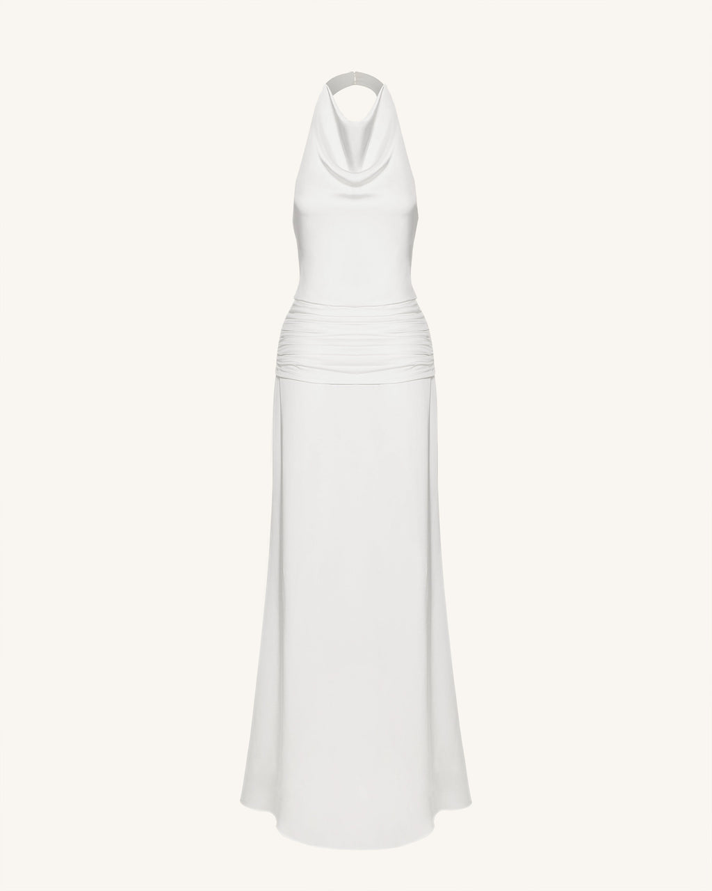 Satin Cowl Neck Ruched Maxi Gown - White