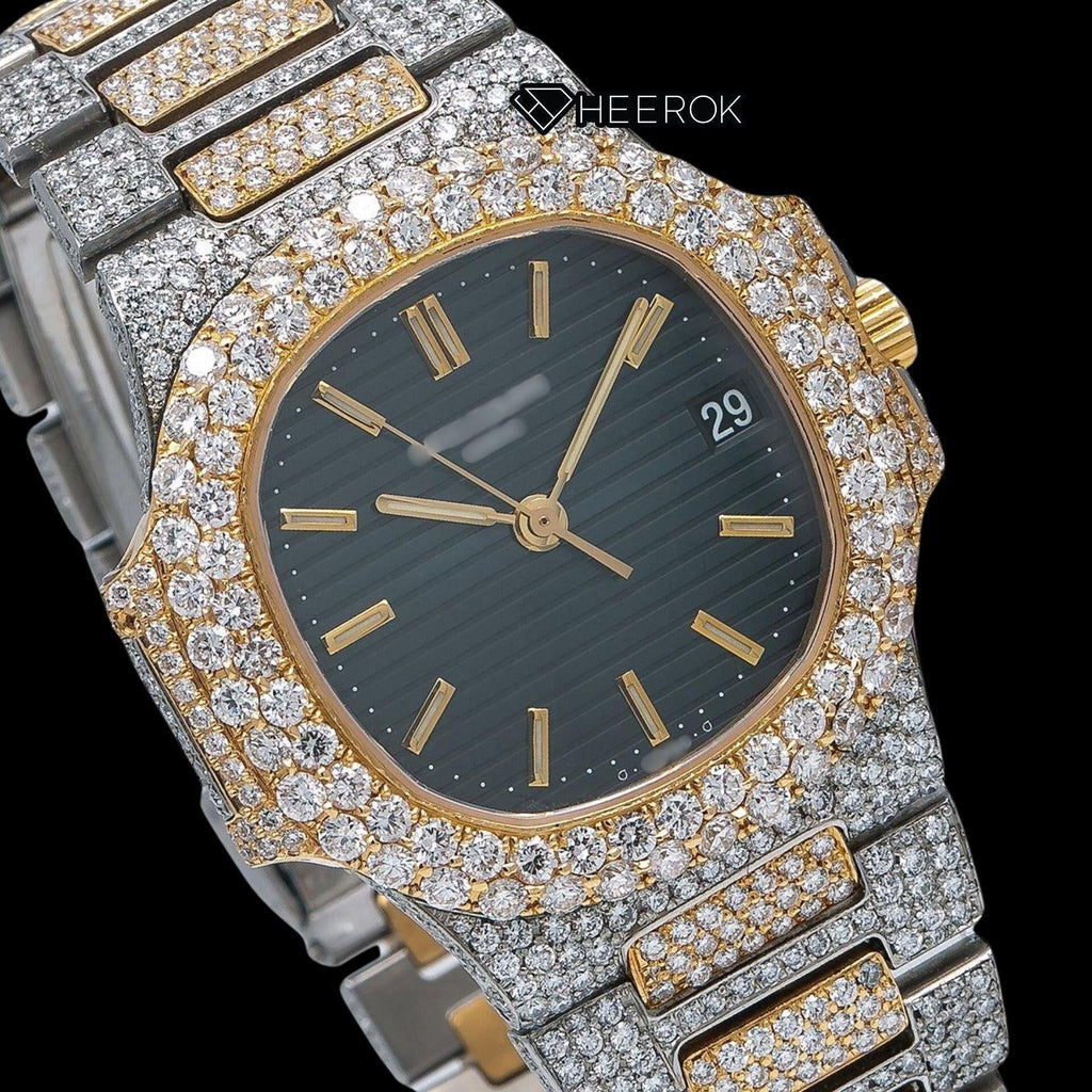 Patek Philippe Nautilus Black Dial Stick Markers Diamond Bezel Two Tone Yellow Gold Moissanite Diamond