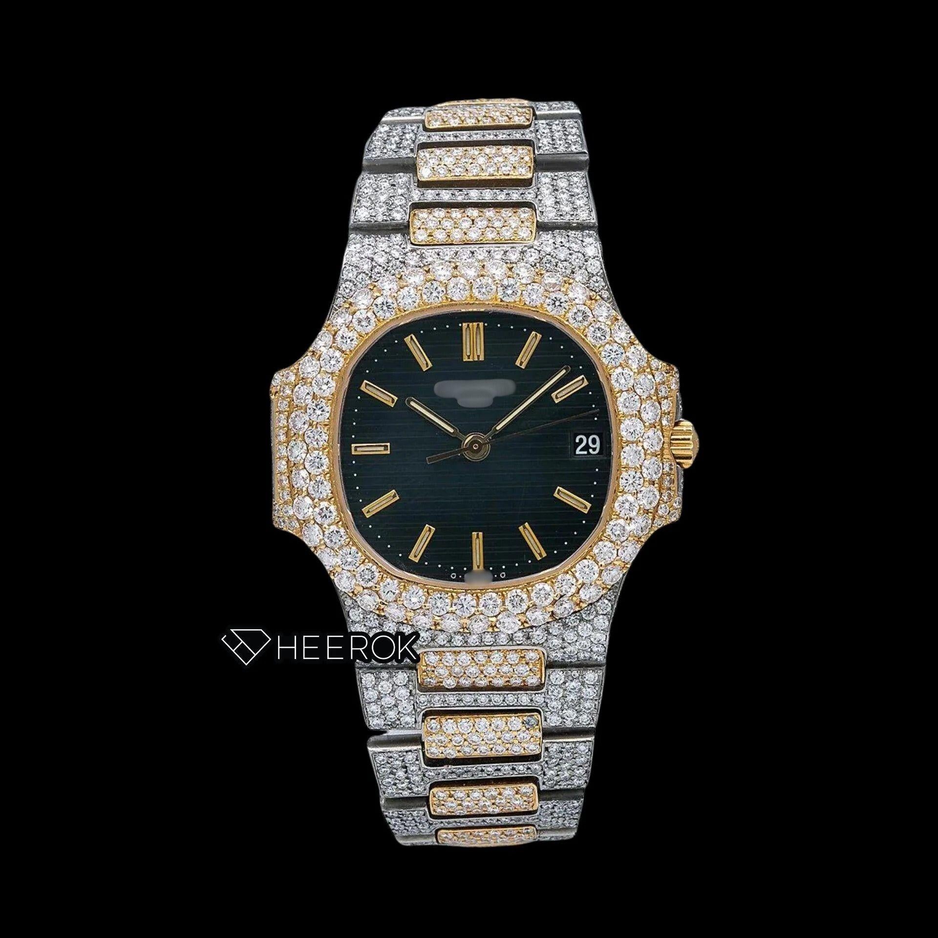 Patek Philippe Nautilus Black Dial Stick Markers Diamond Bezel Two Tone Yellow Gold Moissanite Diamond