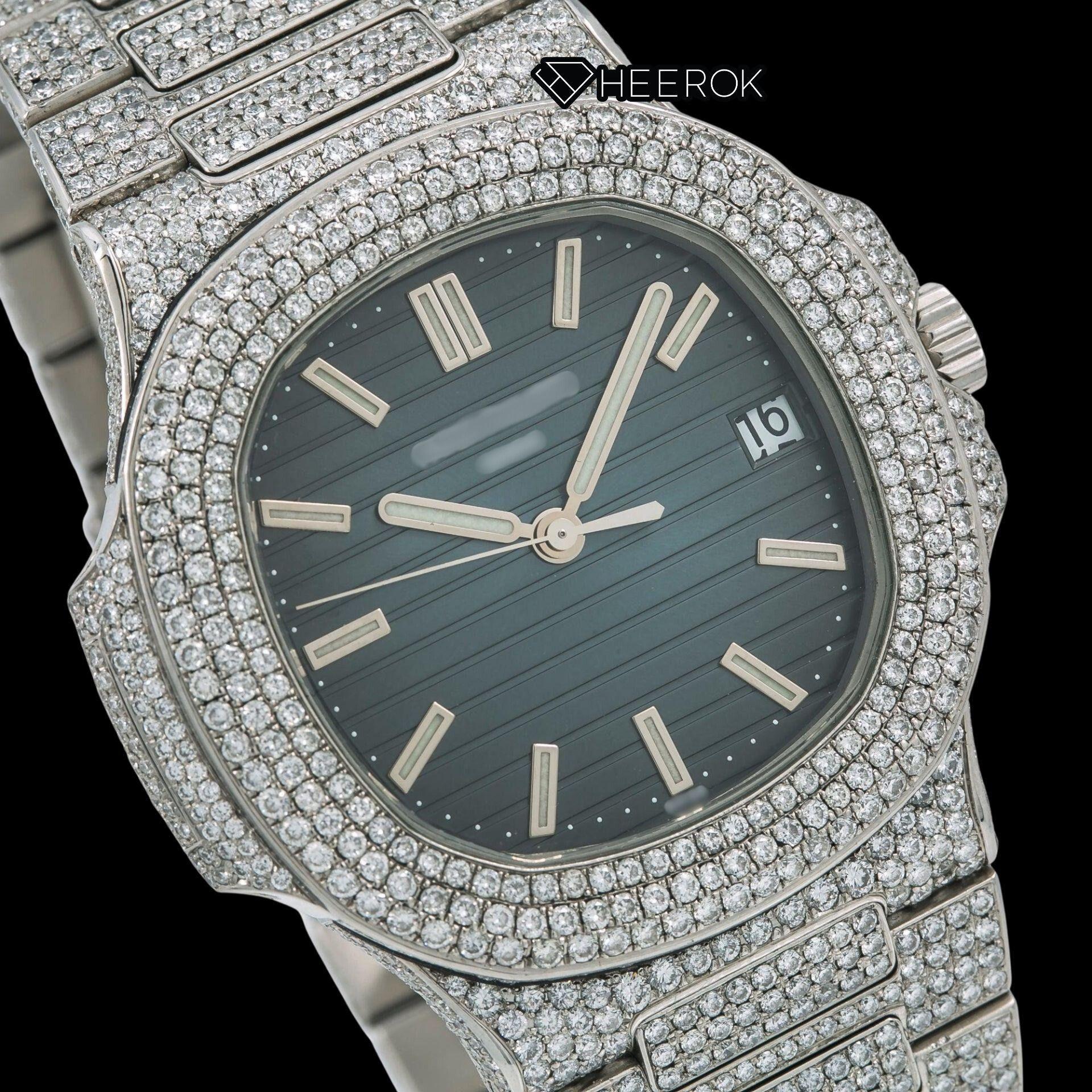 Patek Philippe Nautilus Blue Dial White Stick Markers Diamond Bezel Bust Down Moissanite Diamond