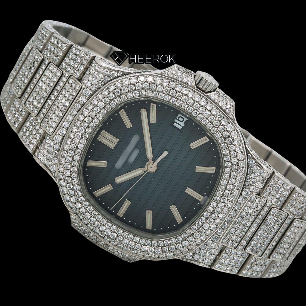 Patek Philippe Nautilus Blue Dial White Stick Markers Diamond Bezel Bust Down Moissanite Diamond