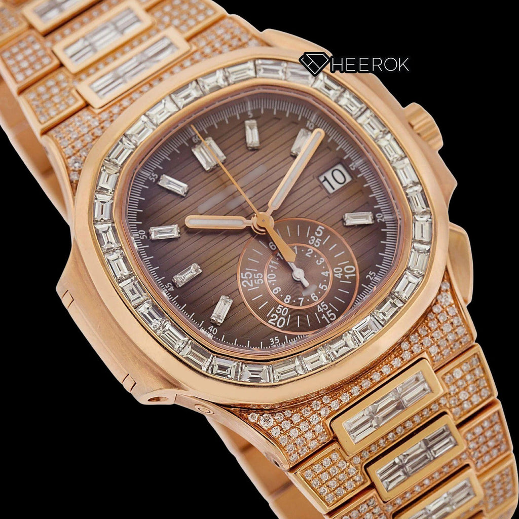 Patek Philippe Nautilus Brown Dial Baguette Diamond Markers Diamond Bezel Rose Gold Moissanite Diamond