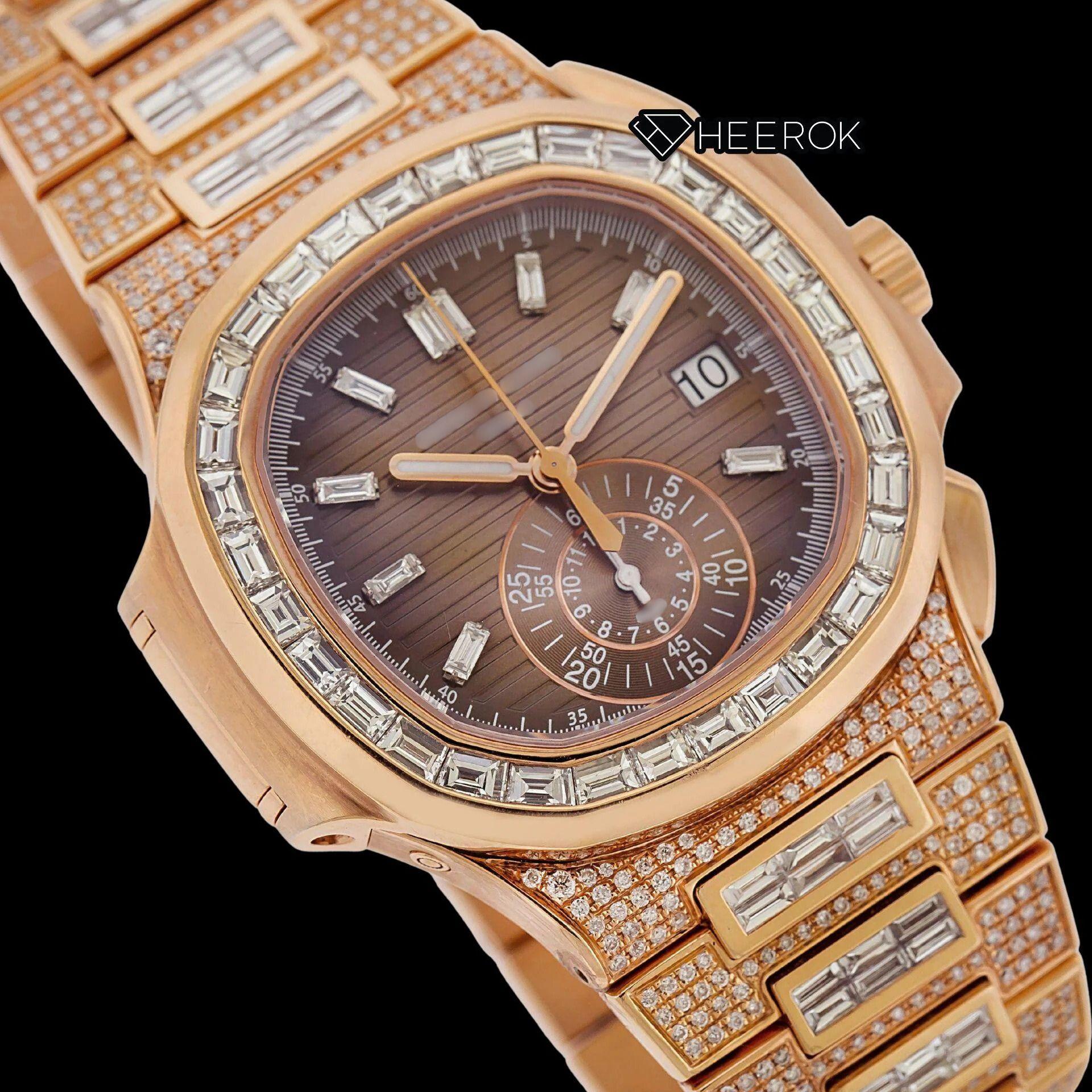 Patek Philippe Nautilus Brown Dial Baguette Diamond Markers Diamond Bezel Rose Gold Moissanite Diamond