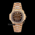 Patek Philippe Nautilus Brown Dial Baguette Diamond Markers Diamond Bezel Rose Gold Moissanite Diamond