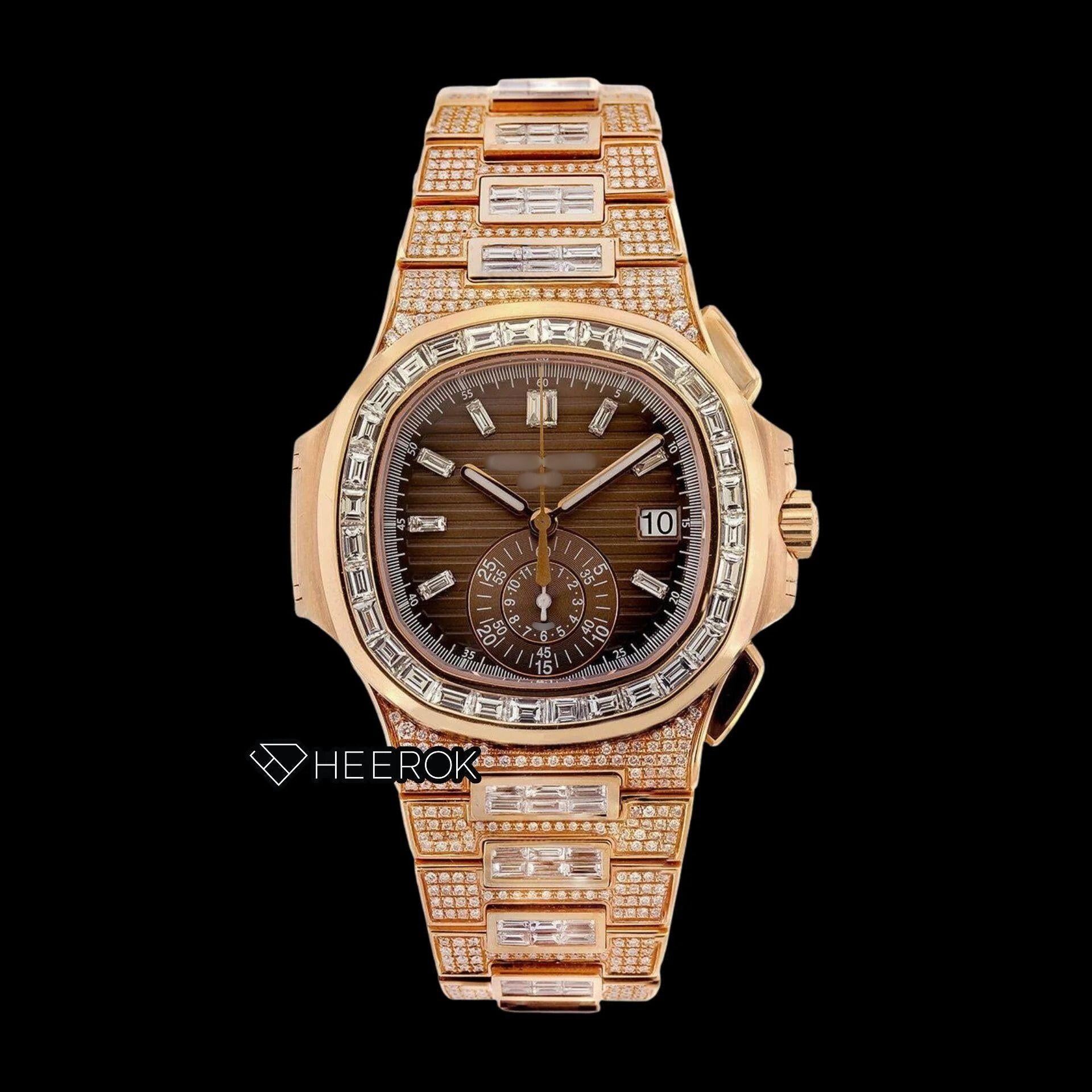 Patek Philippe Nautilus Brown Dial Baguette Diamond Markers Diamond Bezel Rose Gold Moissanite Diamond