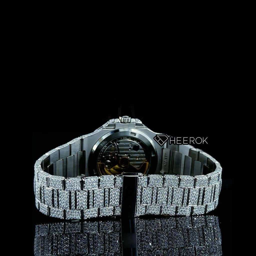 Patek Philippe Nautilus Full Pave Dial Baguette Diamond Hour Markers Diamond Bezel Fully Iced Moissanite Diamond