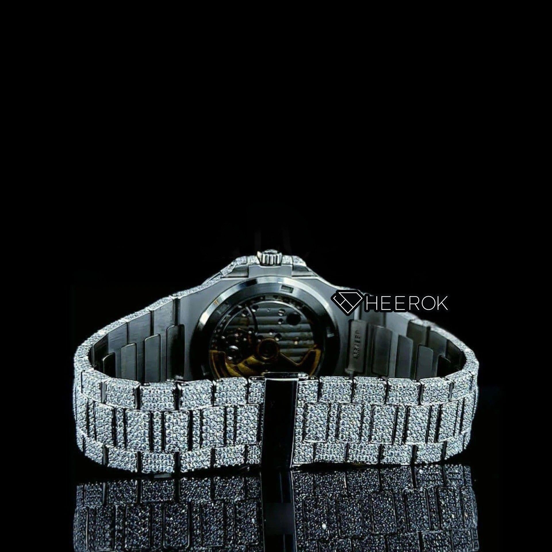 Patek Philippe Nautilus Full Pave Dial Baguette Diamond Hour Markers Diamond Bezel Fully Iced Moissanite Diamond