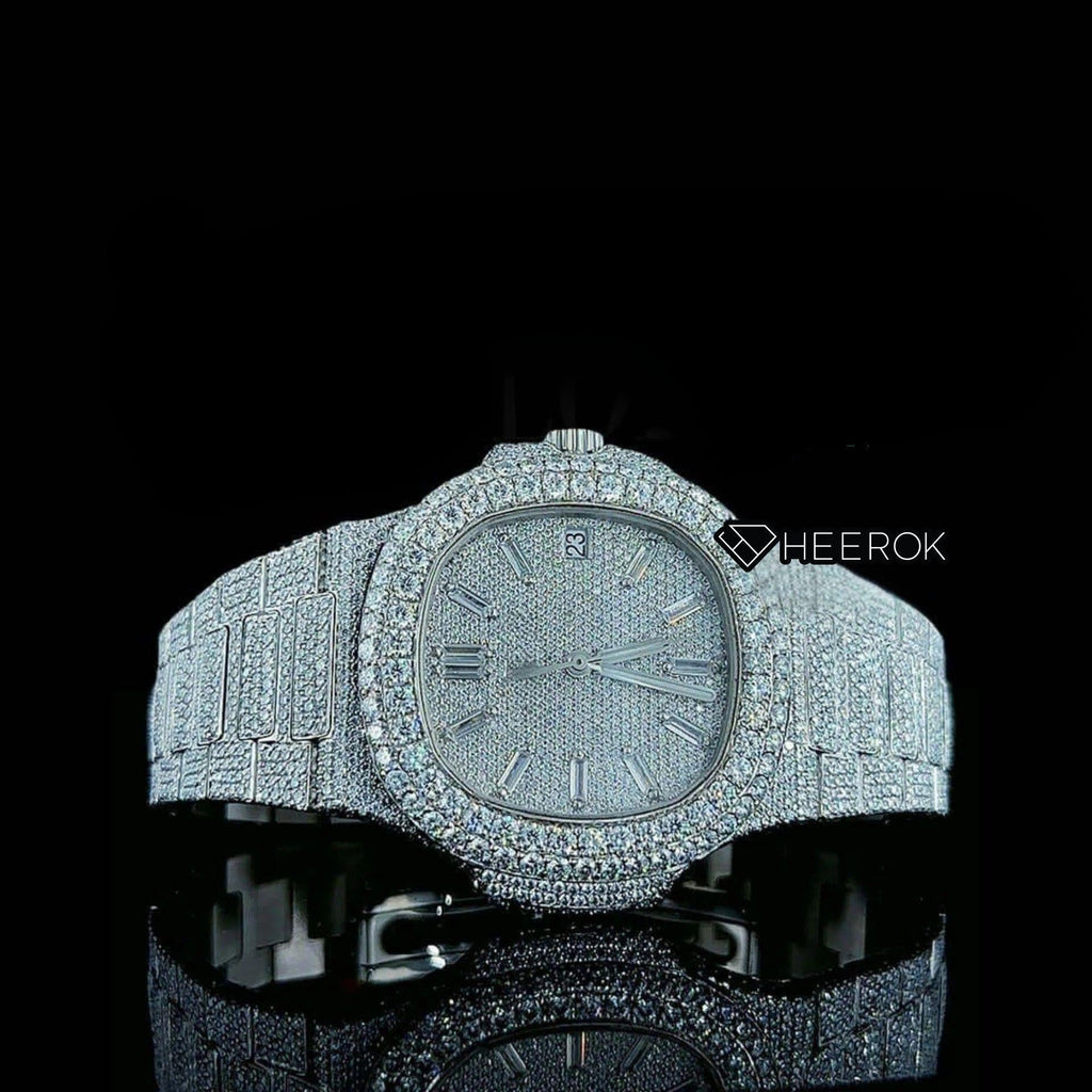 Patek Philippe Nautilus Full Pave Dial Baguette Diamond Hour Markers Diamond Bezel Fully Iced Moissanite Diamond