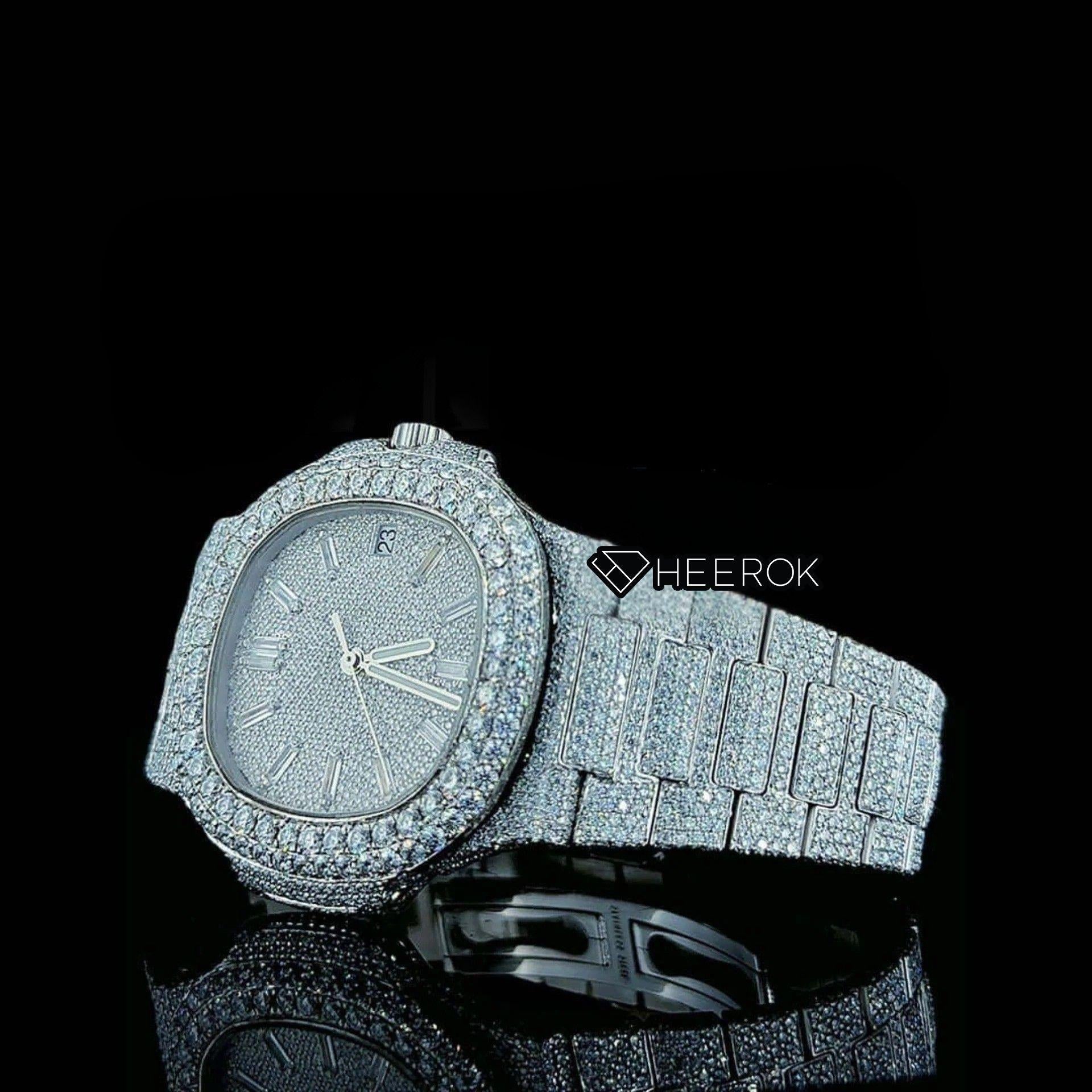 Patek Philippe Nautilus Full Pave Dial Baguette Diamond Hour Markers Diamond Bezel Fully Iced Moissanite Diamond