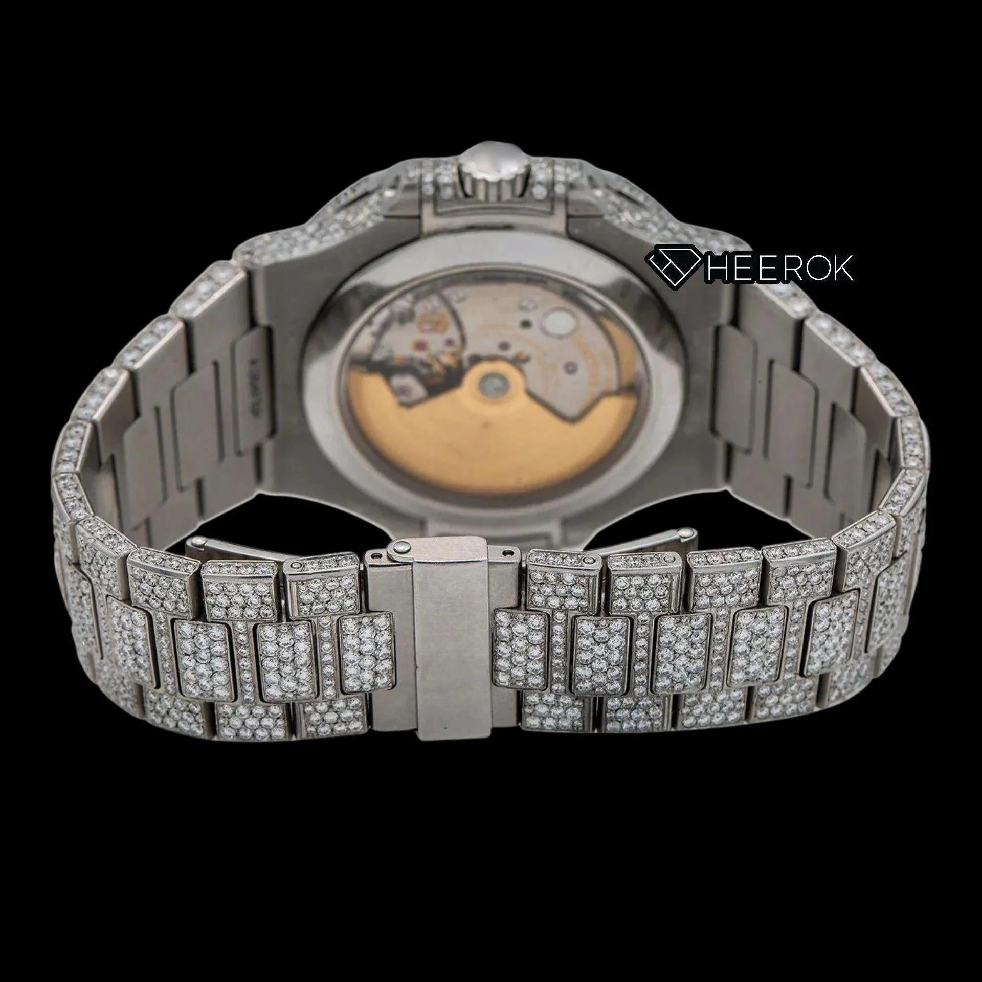 Patek Philippe Nautilus Full Pave Dial Black Stick Markers Diamond Bezel Fully Iced Moissanite Diamond