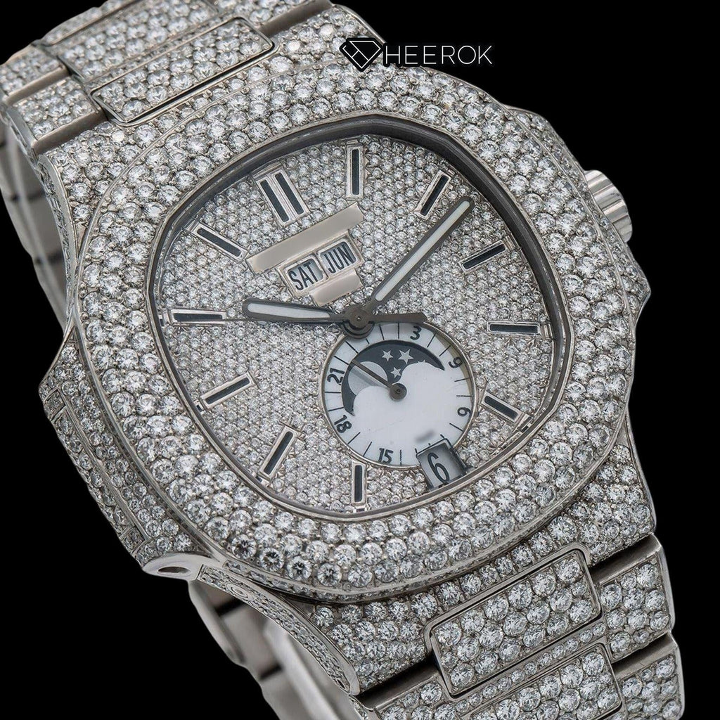 Patek Philippe Nautilus Full Pave Dial Black Stick Markers Diamond Bezel Fully Iced Moissanite Diamond
