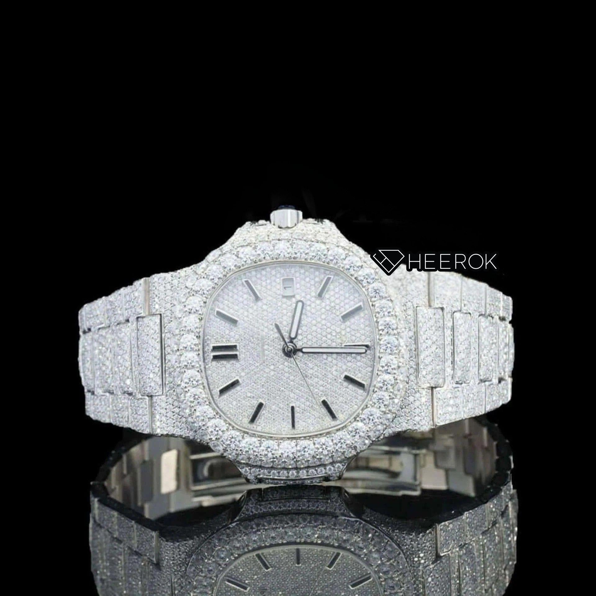 Patek Philippe Nautilus Full Pave Dial Stick Markers Diamond Bezel Fully Iced Moissanite Diamond