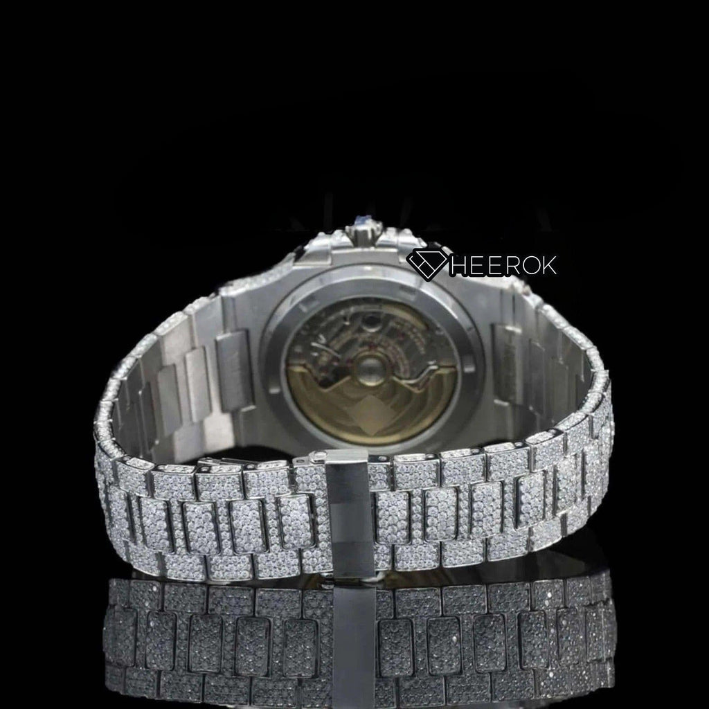 Patek Philippe Nautilus Full Pave Dial Stick Markers Diamond Bezel Fully Iced Moissanite Diamond Watch