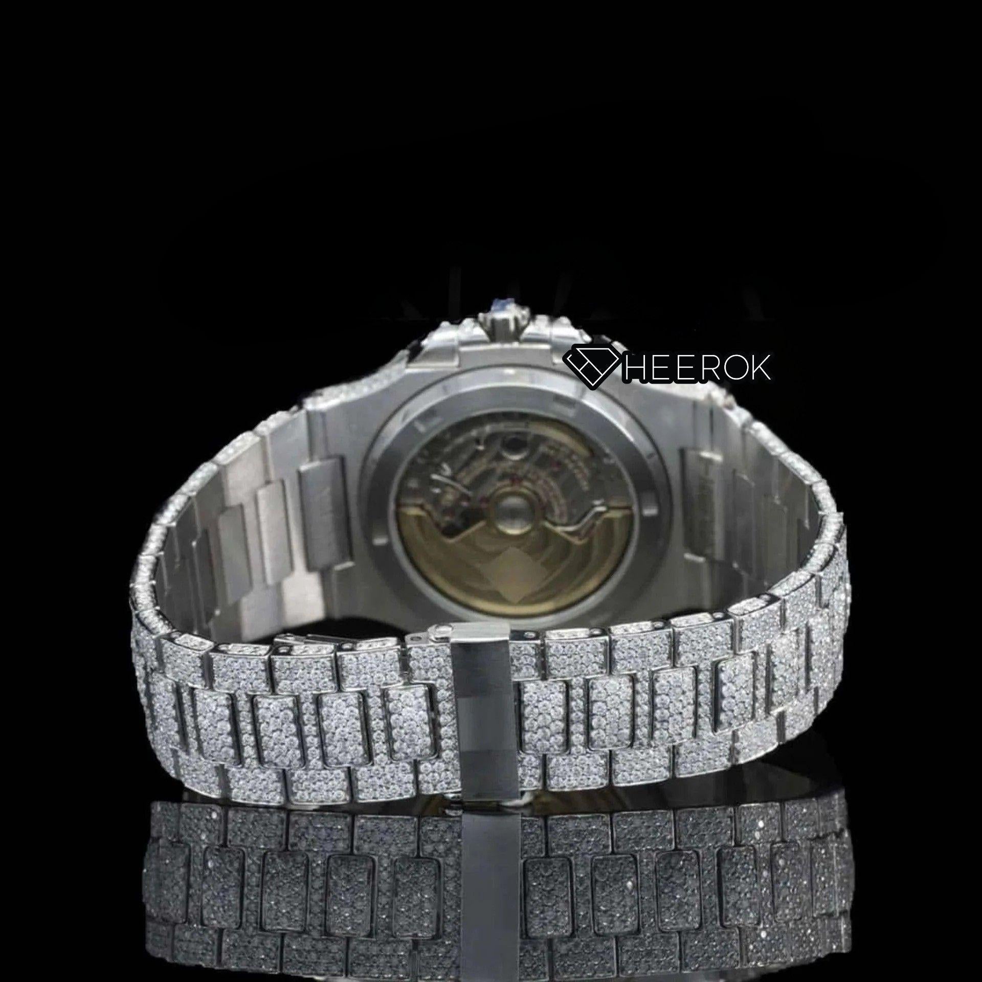 Patek Philippe Nautilus Full Pave Dial Stick Markers Diamond Bezel Fully Iced Moissanite Diamond Watch