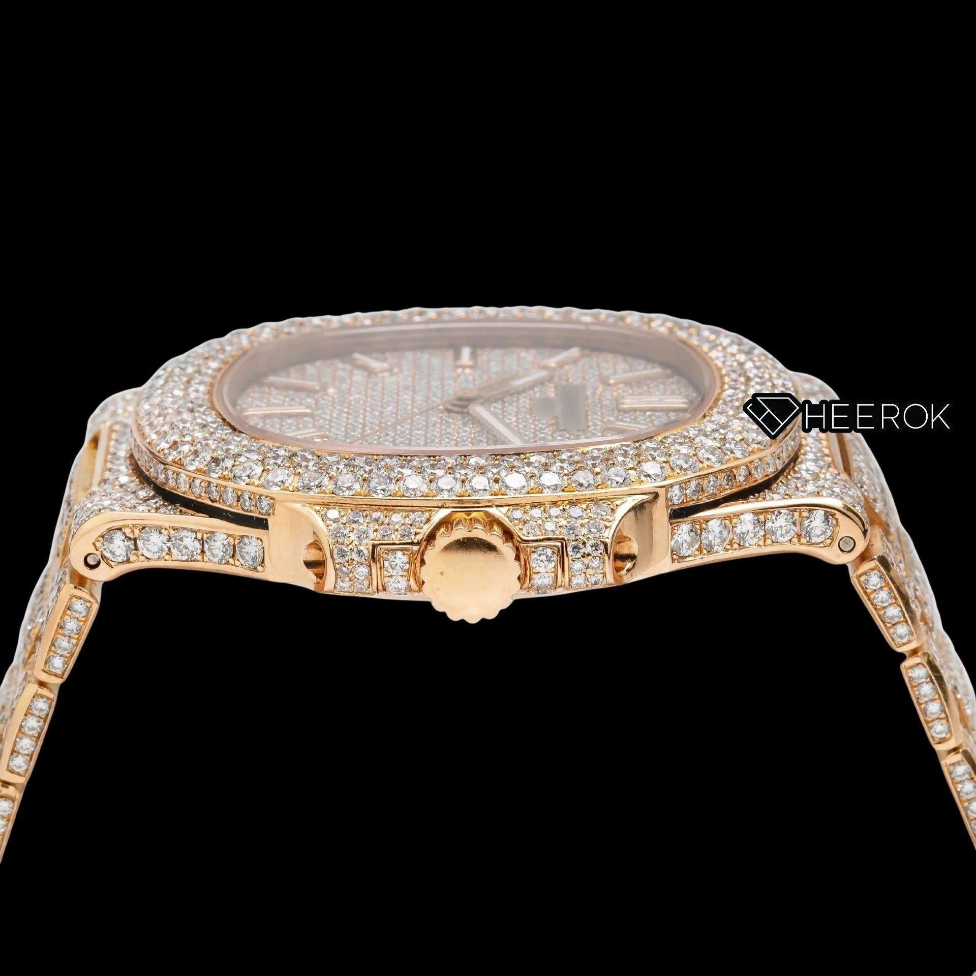 Patek Philippe Nautilus Rose Gold Full Pave Dial Stick Markers Diamond Bezel Fully Iced Moissanite Diamond
