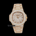Patek Philippe Nautilus Rose Gold Full Pave Dial Stick Markers Diamond Bezel Fully Iced Moissanite Diamond