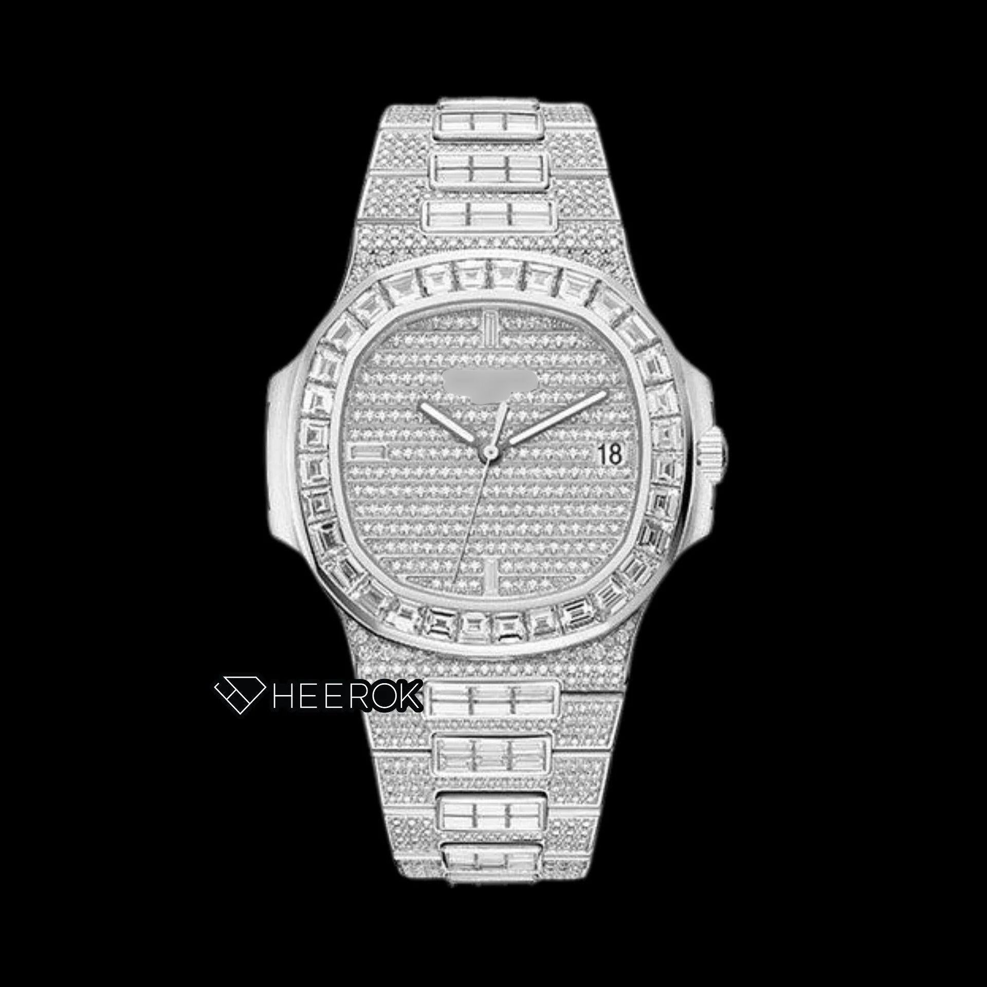 Patek Philippe Nautilus Full Pave White Dial Baguette Diamond Bezel Fully Iced Moissanite Diamond