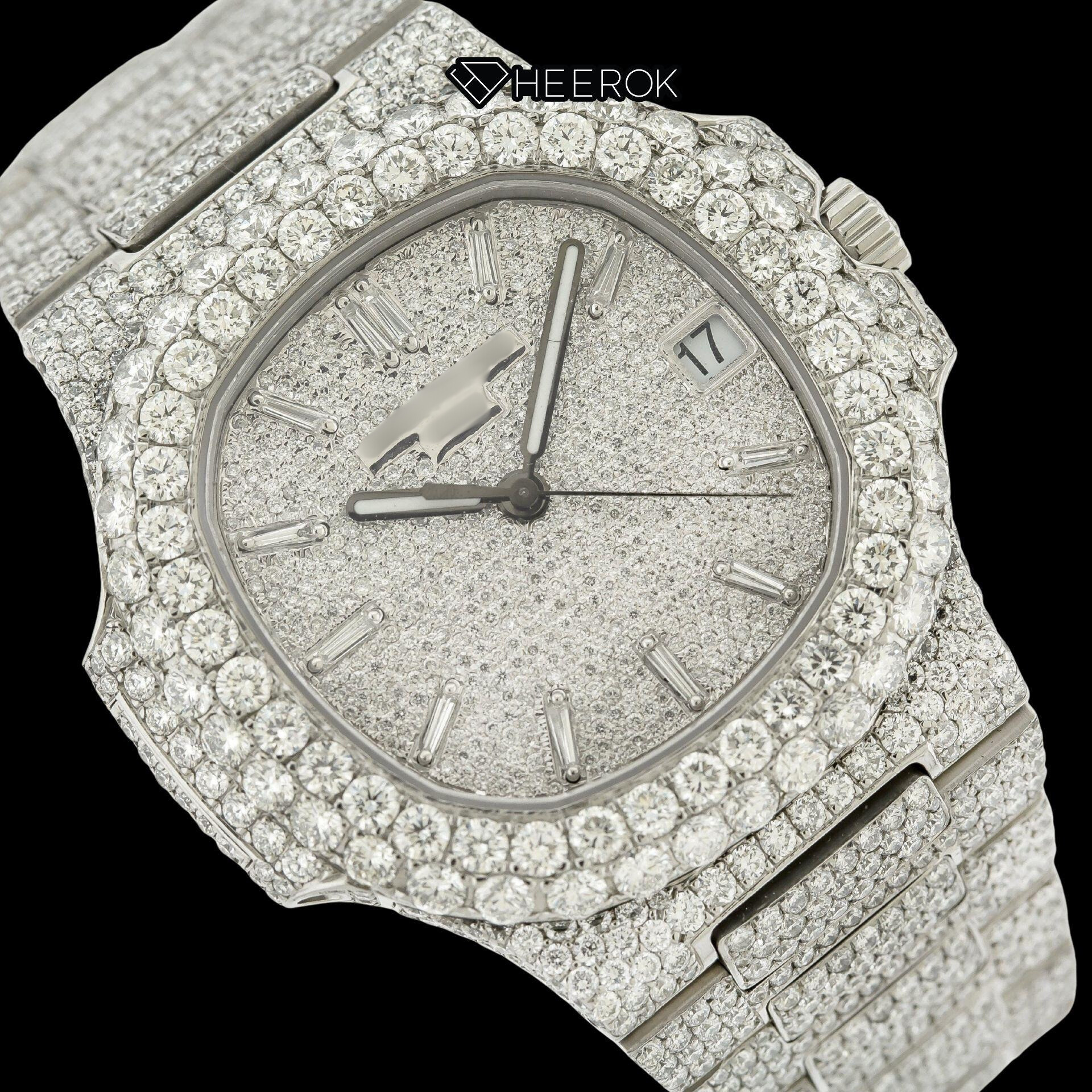 Patek Philippe Nautilus Full Pave White Dial Baguette Diamond Markers Diamond Bezel Fully Iced Moissanite Diamond Watch
