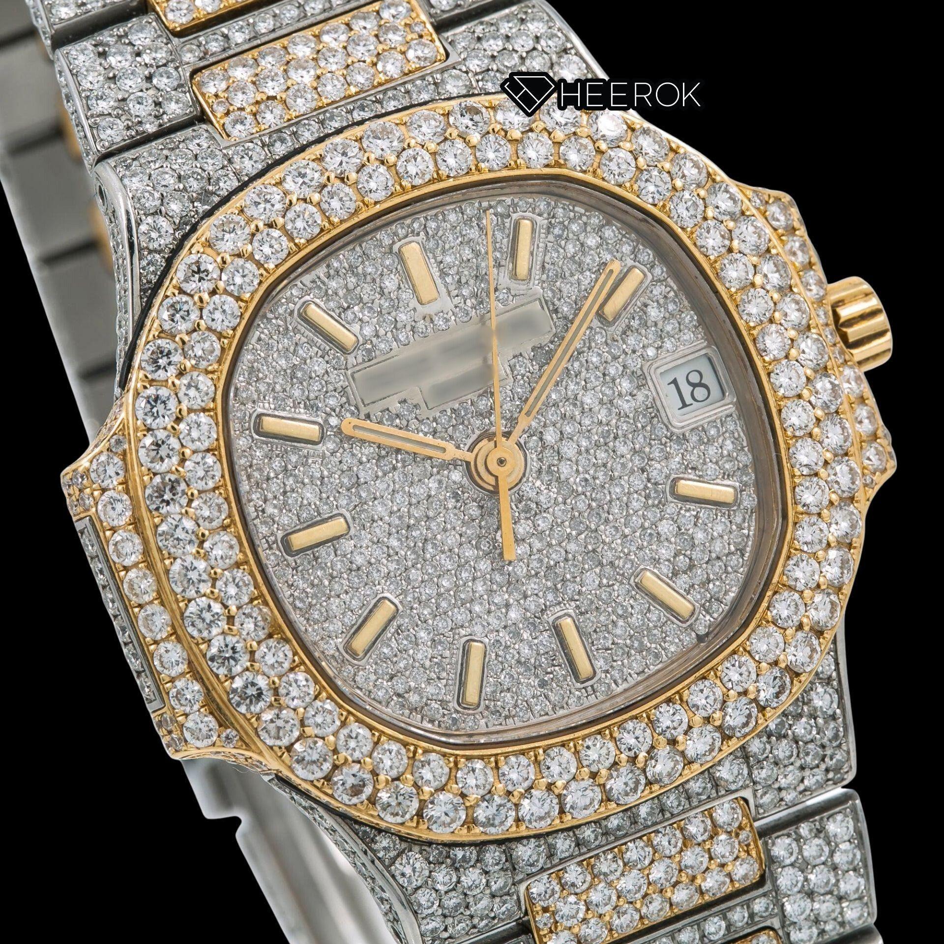 Patek Philippe Nautilus Full Pave White Dial Stick Markers Diamond Bezel Two Tone Yellow Gold Moissanite Diamond Watch
