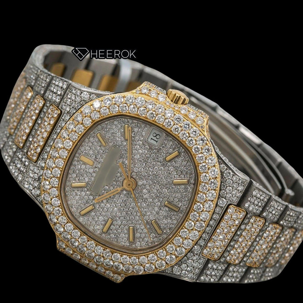 Patek Philippe Nautilus Full Pave White Dial Stick Markers Diamond Bezel Two Tone Yellow Gold Moissanite Diamond Watch
