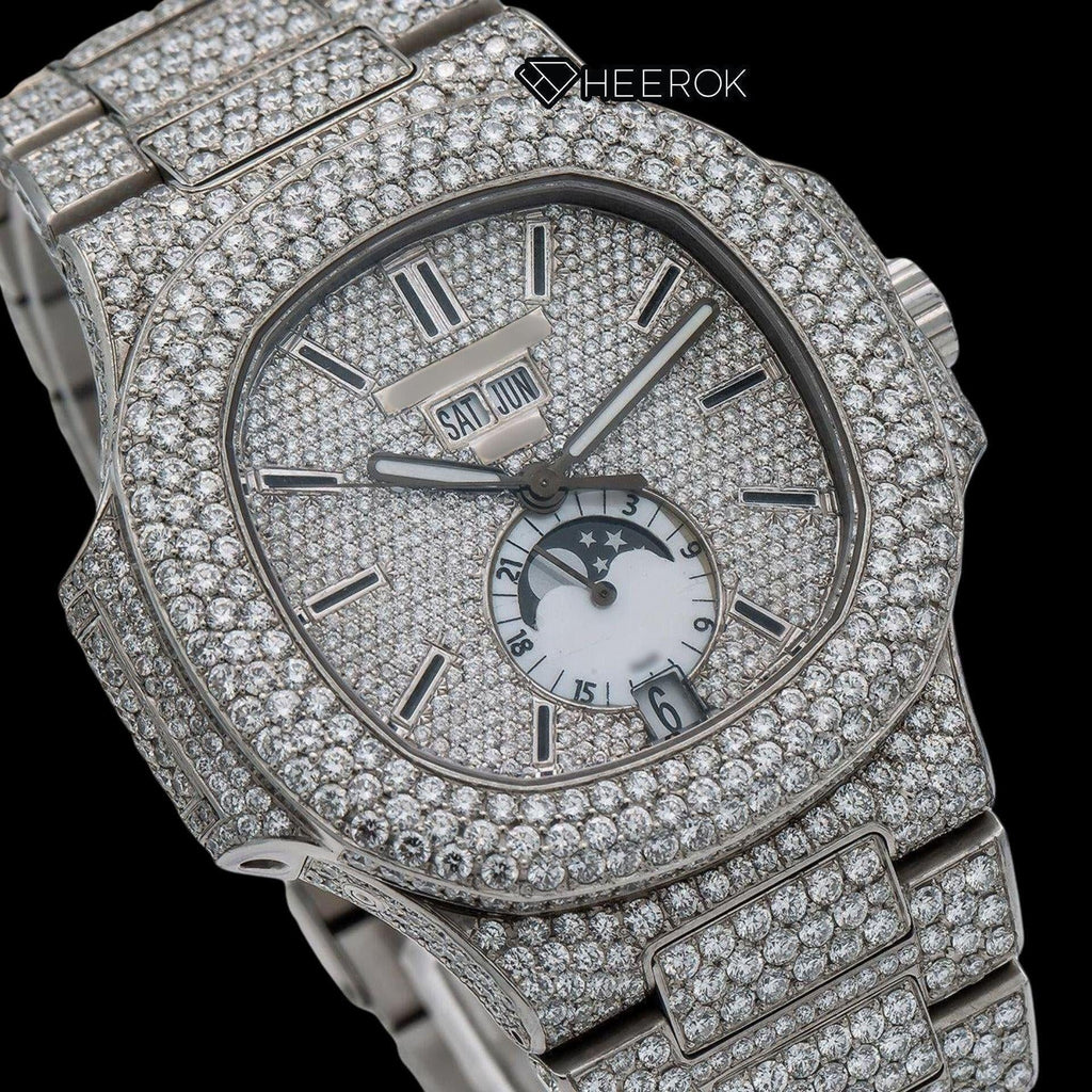 Patek Philippe Nautilus Moonphase Dial Black Stick Markers Diamond Bezel Fully Iced Moissanite Diamond