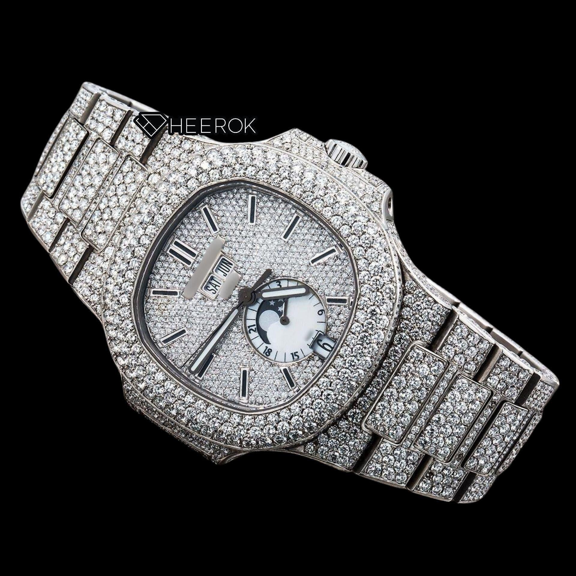 Patek Philippe Nautilus Moonphase Dial Black Stick Markers Diamond Bezel Fully Iced Moissanite Diamond