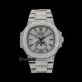 Patek Philippe Nautilus Moonphase Dial Black Stick Markers Diamond Bezel Fully Iced Moissanite Diamond
