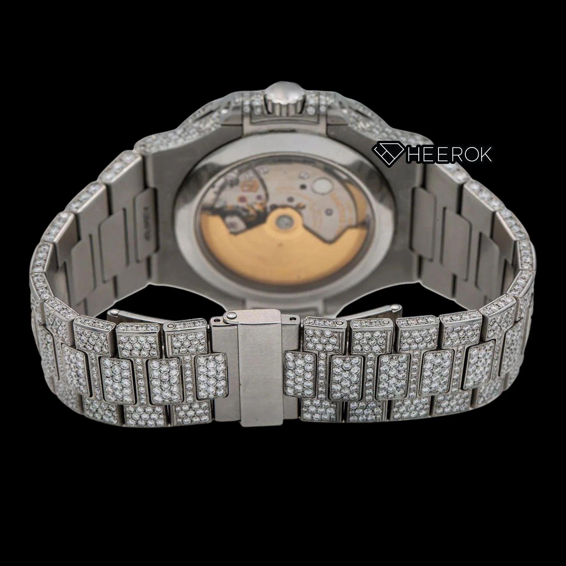 Patek Philippe Nautilus Moonphase White Dial Stick Markers Diamond Bezel Fully Iced Moissanite Diamond