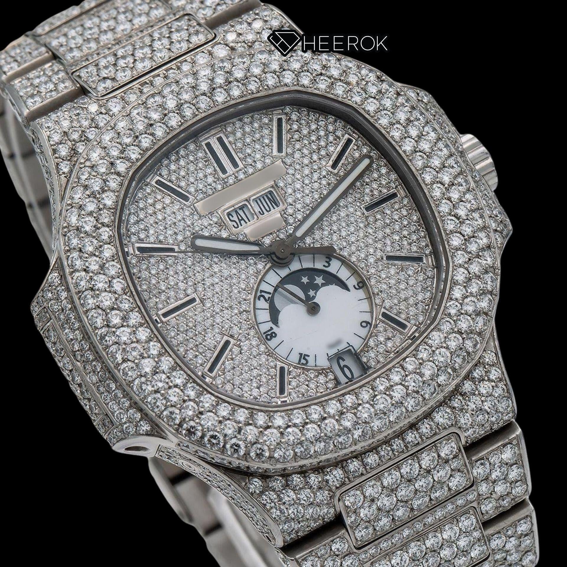 Patek Philippe Nautilus Moonphase White Dial Stick Markers Diamond Bezel Fully Iced Moissanite Diamond