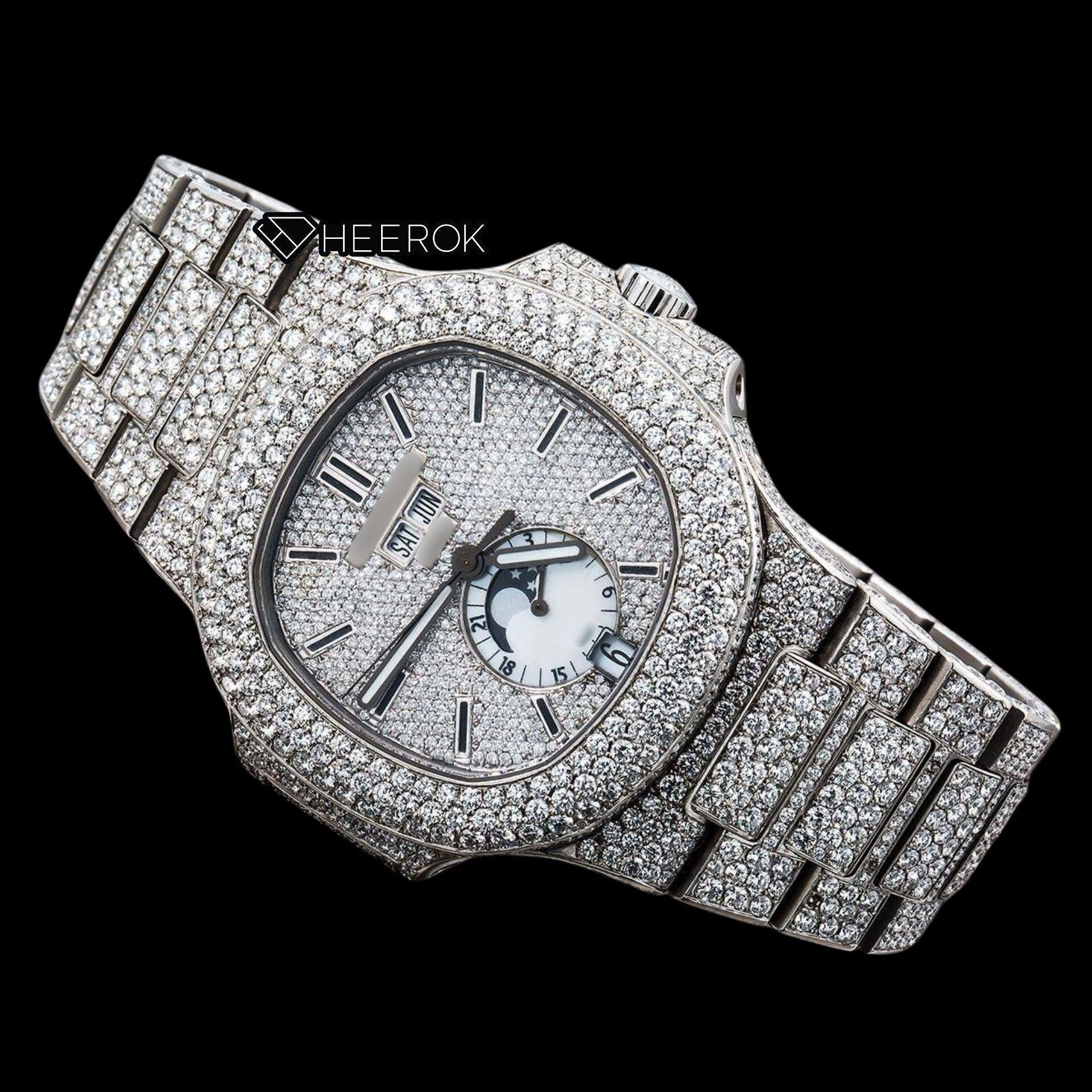 Patek Philippe Nautilus Moonphase White Dial Stick Markers Diamond Bezel Fully Iced Moissanite Diamond
