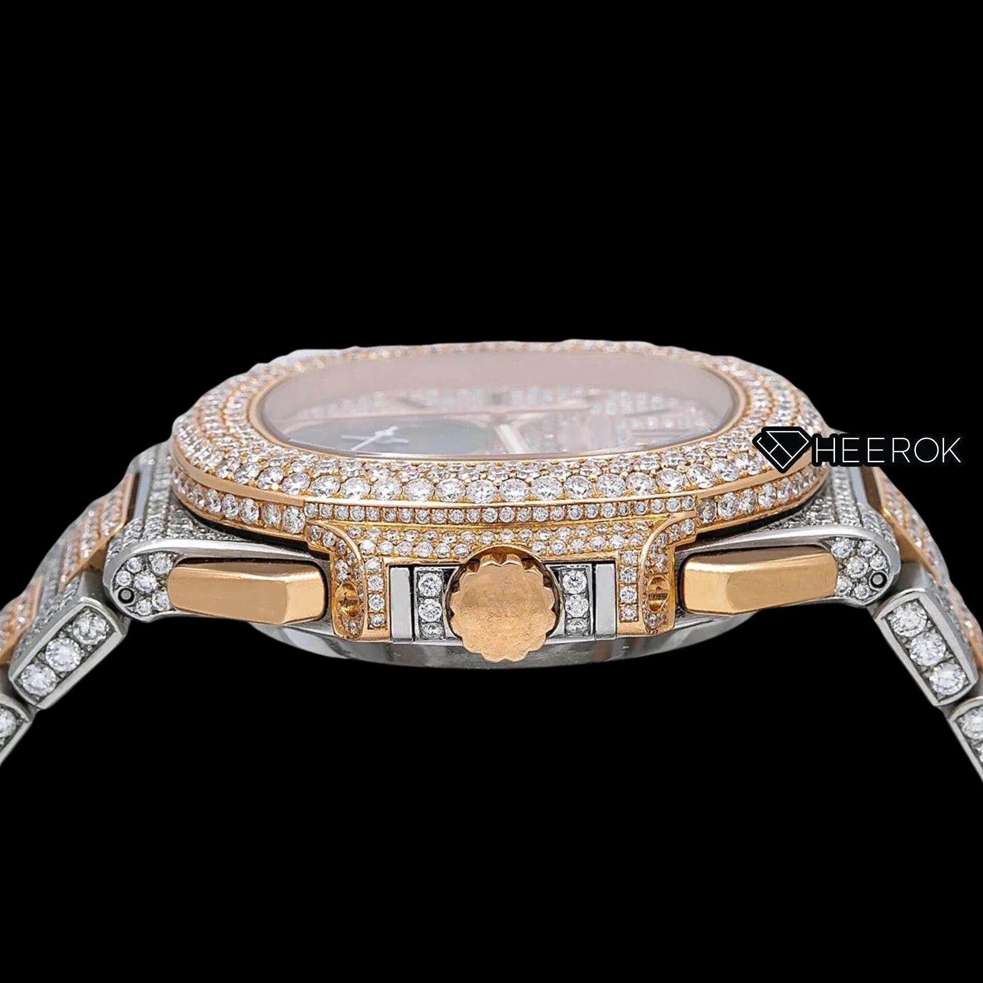 Patek Philippe Nautilus Rose Gold Dial Stick Markers Diamond Bezel Two Tone Rose Gold Moissanite Diamonds