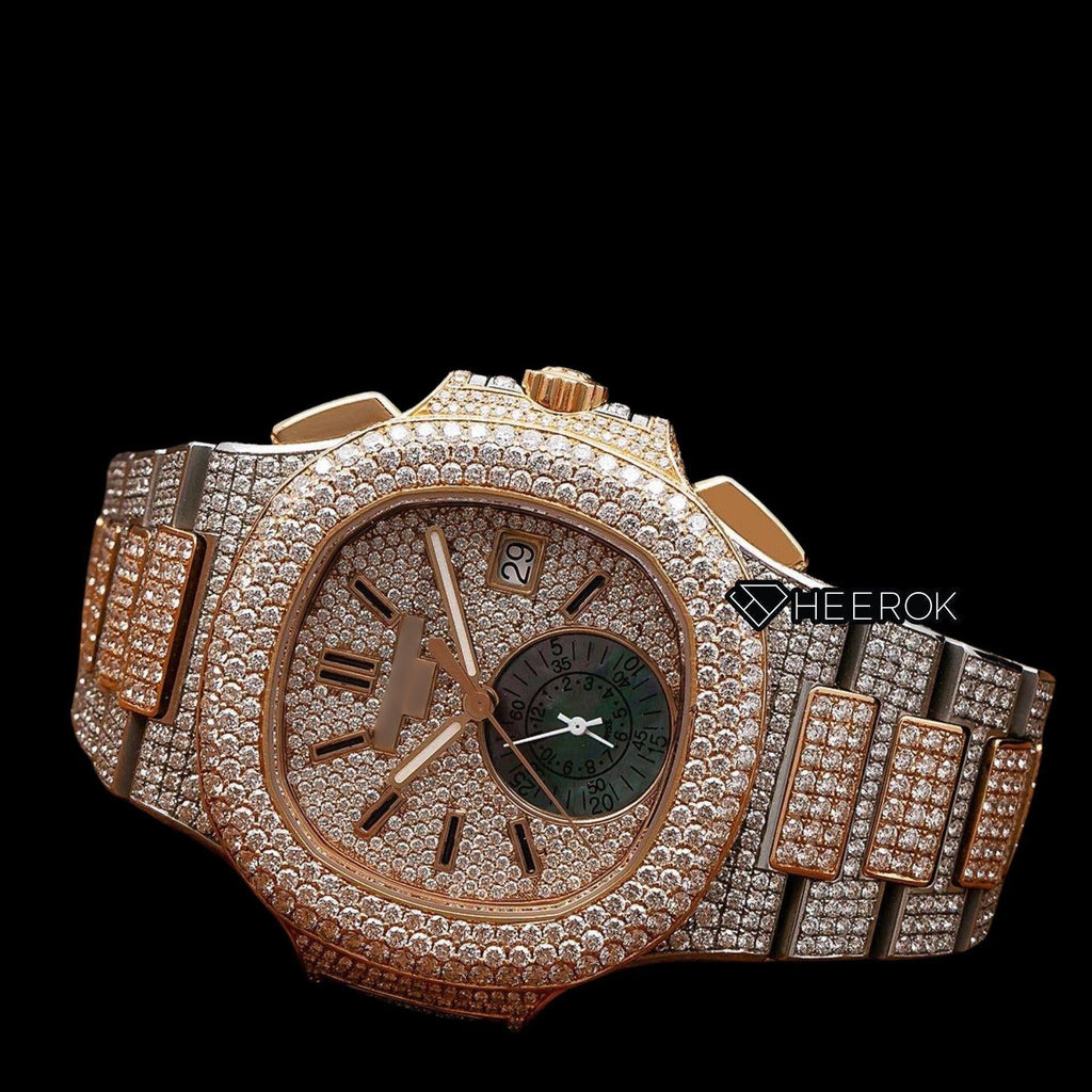 Patek Philippe Nautilus Rose Gold Dial Stick Markers Diamond Bezel Two Tone Rose Gold Moissanite Diamonds