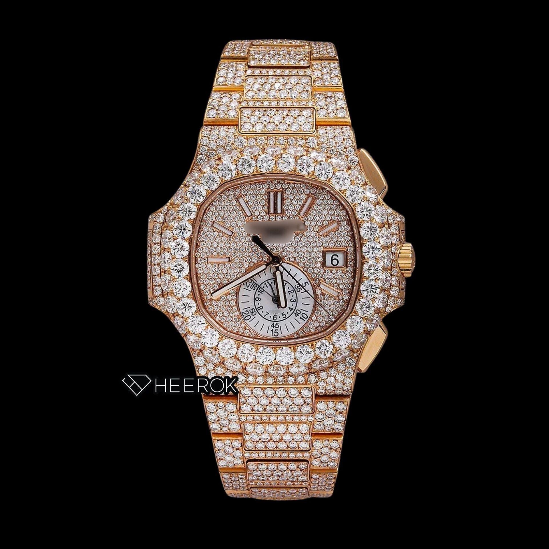 Patek Philippe Nautilus Rose Gold Full Pave Dial Large Round Diamond Bezel Fully Iced Moissanite Diamond