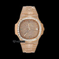 Patek Philippe Nautilus Rose Gold Pave Dial Baguette Diamond Bezel Fully Iced Moissanite Diamond Watch
