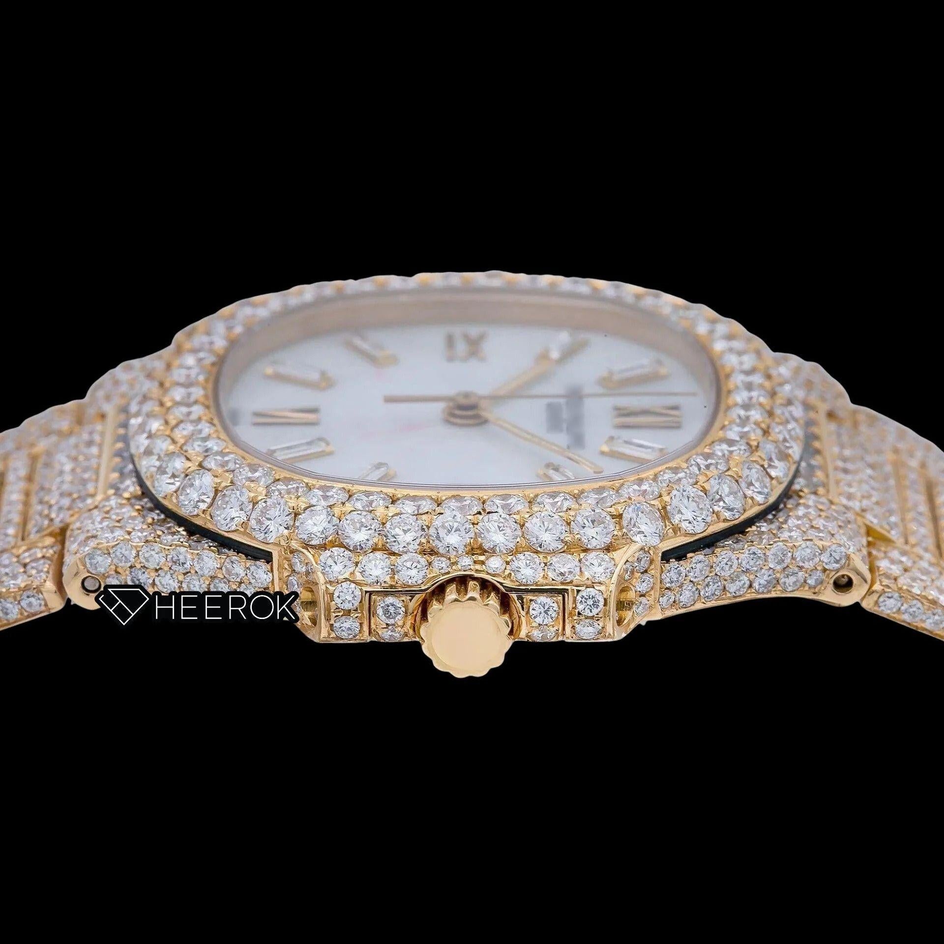 Patek Philippe Nautilus White Dial Baguette Diamond Markers Diamond Bezel Yellow Gold Moissanite Diamond Watch
