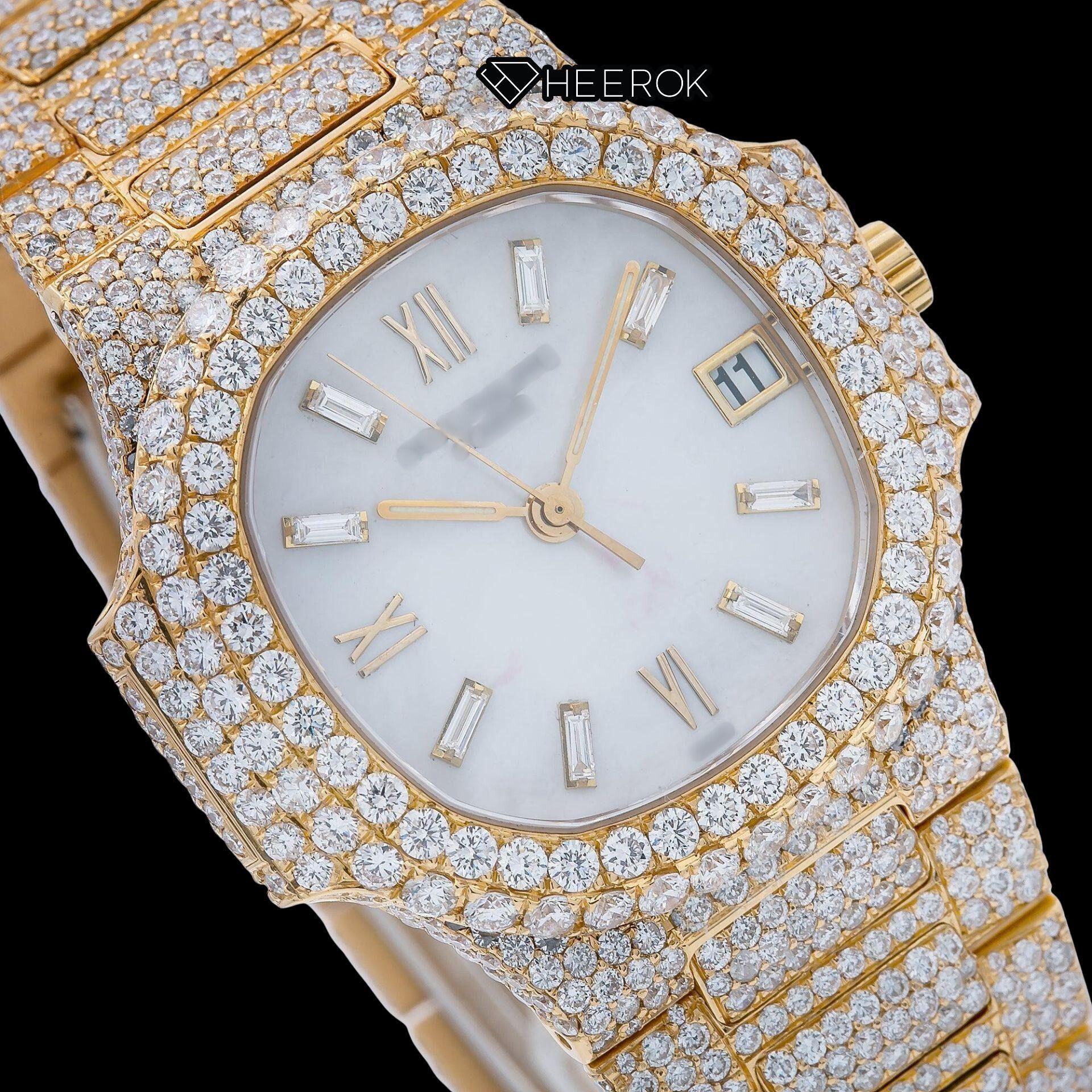 Patek Philippe Nautilus White Dial Baguette Diamond Markers Diamond Bezel Yellow Gold Moissanite Diamond Watch