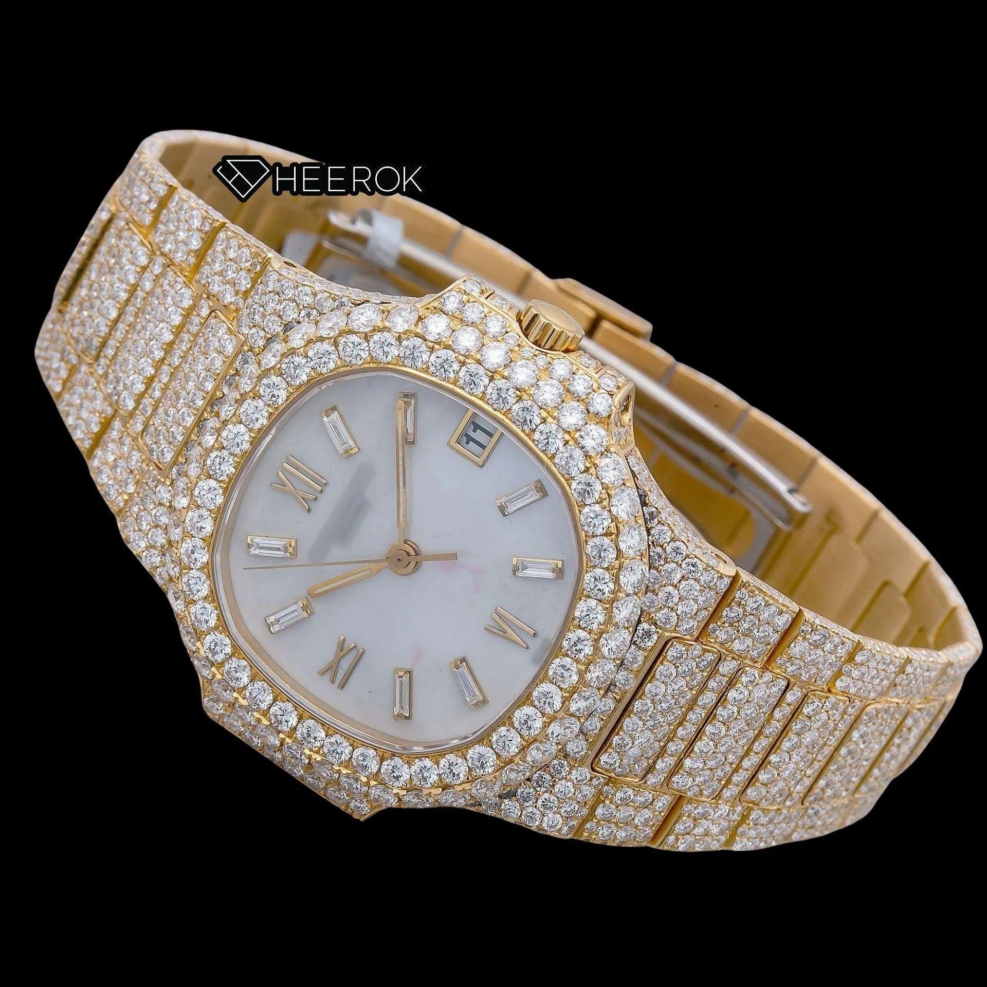 Patek Philippe Nautilus White Dial Baguette Diamond Markers Diamond Bezel Yellow Gold Moissanite Diamond Watch