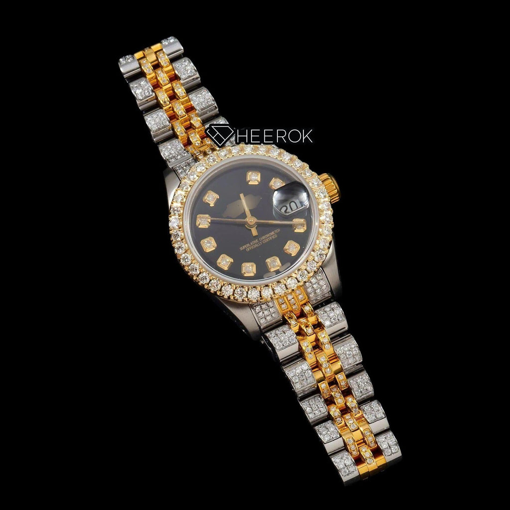 Rolex Datejust Black Dial Diamond Markers Diamond Bezel Two Tone Yellow Gold Fully Iced Moissanite Diamond Jubilee Bracelet For Women