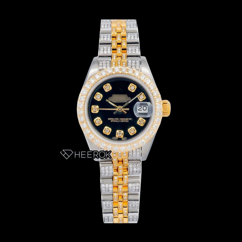 Rolex Datejust Black Dial Diamond Markers Diamond Bezel Two Tone Yellow Gold Fully Iced Moissanite Diamond Jubilee Bracelet For Women